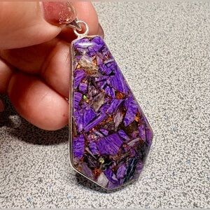 Copper Charoite coffin shaped  Pendant with Silver Accent